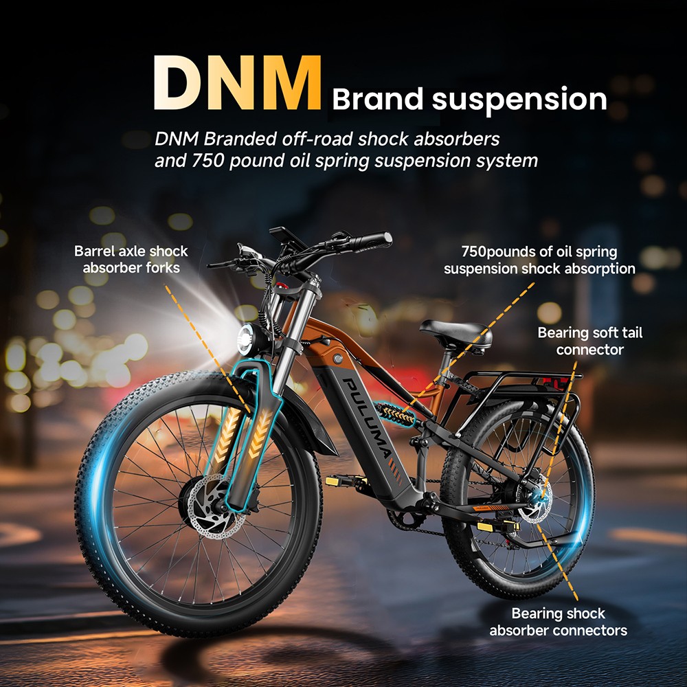 PULUMA PE86 Pro Vélo électrique, moteur 500 W x 2, batterie 48 V 20 Ah, pneus 26 pouces, vitesse maximale 40 km/h, autonomie 150 km, freins hydrauliques, suspension à ressorts à huile, Shimano 7 vitesses, écran LCD, capteur de couple