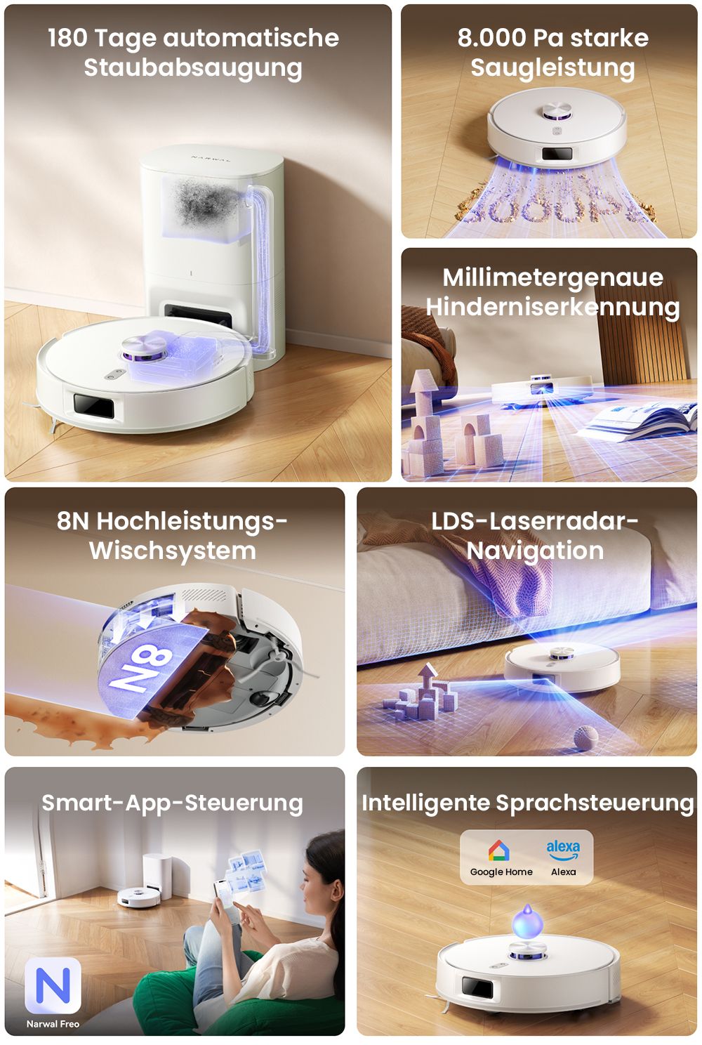 Narwal Narwal Freo S Roboterstaubsauger und -mopp, automatische Staubsammlung, 8000 Pa Saugleistung, intelligente Navigation und Sprachsteuerung