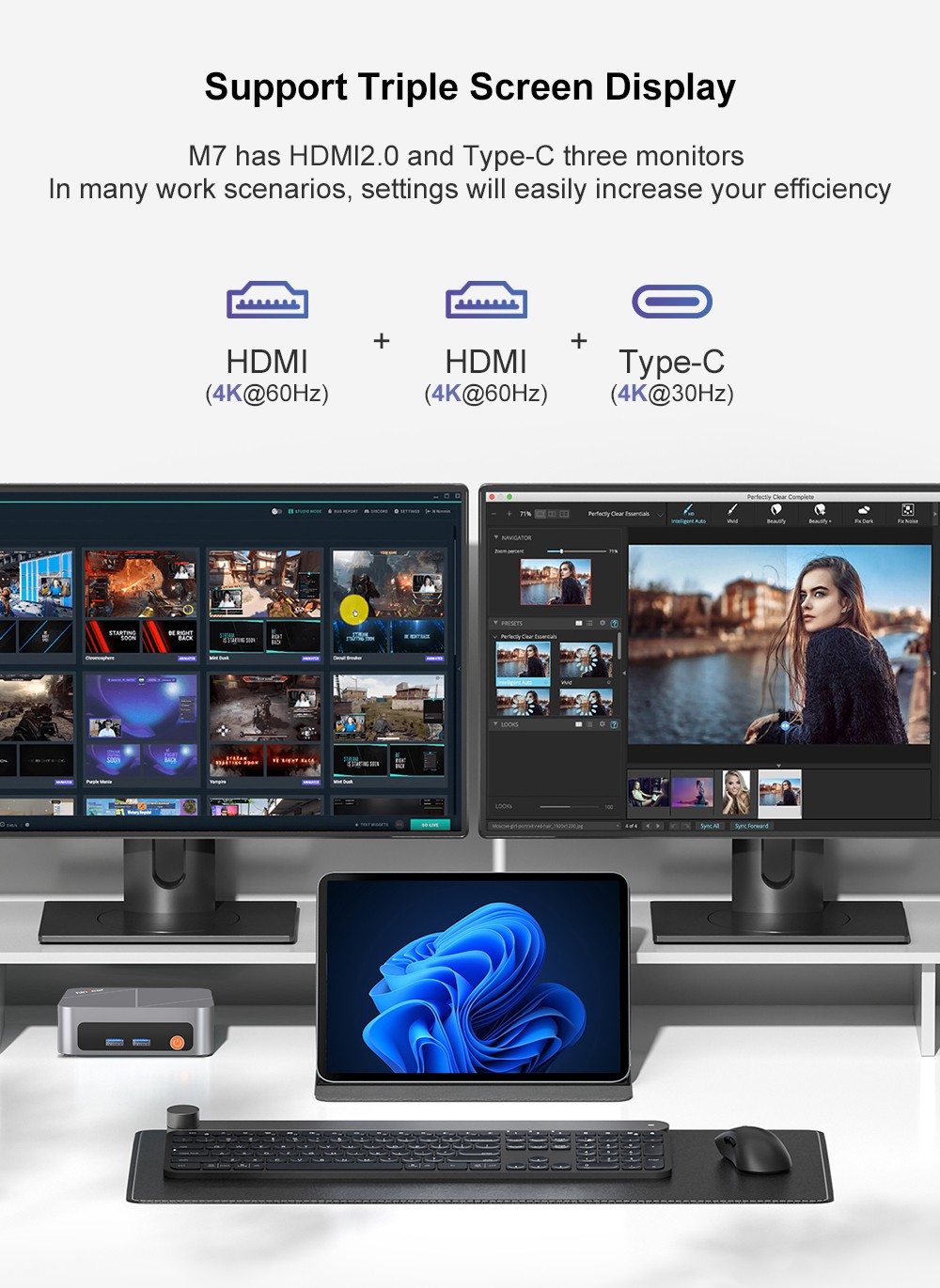 Ninkear M7 Mini-PC, AMD Ryzen 5 7430U 6 Kerne, max. 4,3 GHz, 16 GB RAM, 512 GB SSD, 2 x HDMI + Typ-C 4K-Dreifachbildschirm, WiFi 6, Bluetooth 5.2, 2 x USB 3.0, 2 x USB 2.0, 1 x RJ45, 1 x Audiobuchse