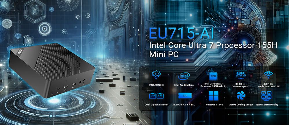 MINIX Elite EU715-AI Mini PC, Intel Core Ultra 7-155H 8 Cores Max 4.8GHz, 32GB DDR5 RAM 1TB SSD, HDMI + DP + Thunderbolt 4 + Type - C Quad 4K@60Hz Display, WiFi 6E, Bluetooth 5.3, 2*2.5G RJ45, 3*USB3.2, 1*Audio Jack - US Plug