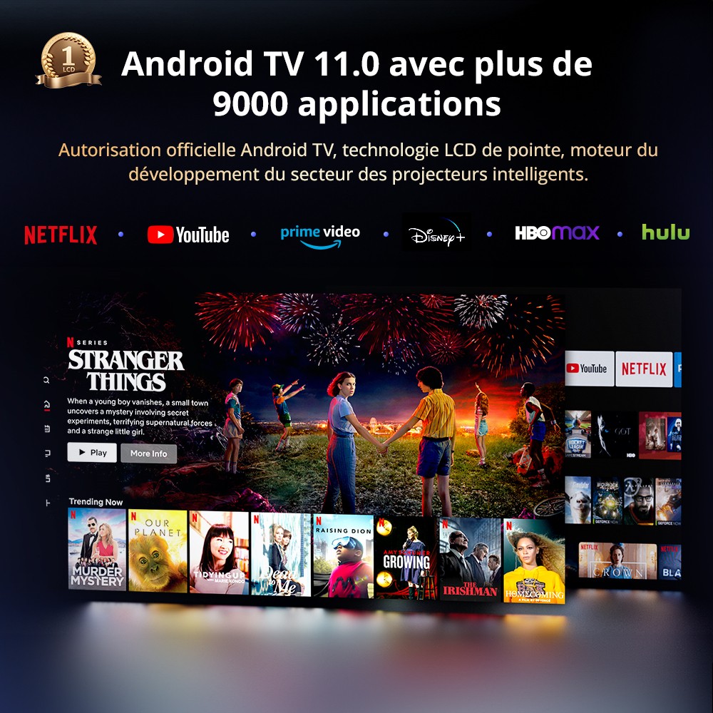 Projecteur TV Android ETOE Whale Pro, r&eacute;solution native 1080p, 1500 ANSI, d&eacute;codage 4K, mise au point automatique et correction trap&eacute;zo&iuml;dale automatique, 2 haut-parleurs st&eacute;r&eacute;o 10 W, Wi-Fi double bande