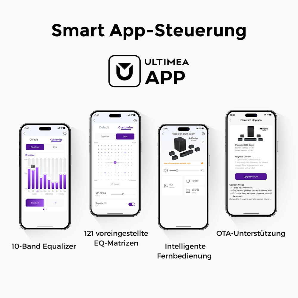 Ultimea Poseidon D80 Boom 7.1 Soundbar-Subwoofer-Lautsprecher-Kit, Dolby Atmos, 500 W Spitzenleistung, APP-Steuerung, 10-Band-Equalizer-Einstellungen, 121 voreingestellte EQ-Matrizen, Bluetooth 5.3