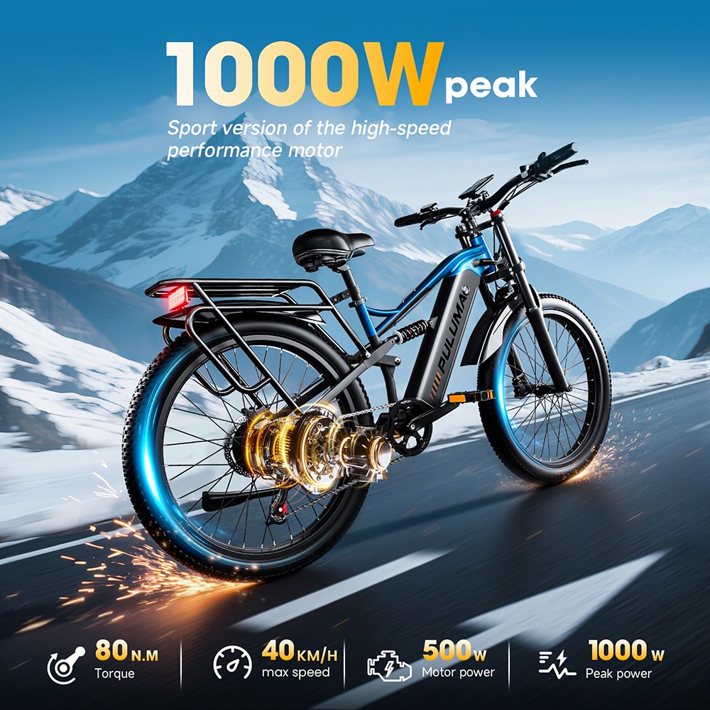 PULUMA PE86 Elektrofahrrad, 500 W Motor, 48 V 20 Ah Akku, 26 Zoll Reifen, 40 km/h Höchstgeschwindigkeit, 150 km Reichweite, hydraulische Bremsen, Ölfederungssystem, Shimano 7-Gang-Schaltung, LCD-Display, Drehmomentsensor