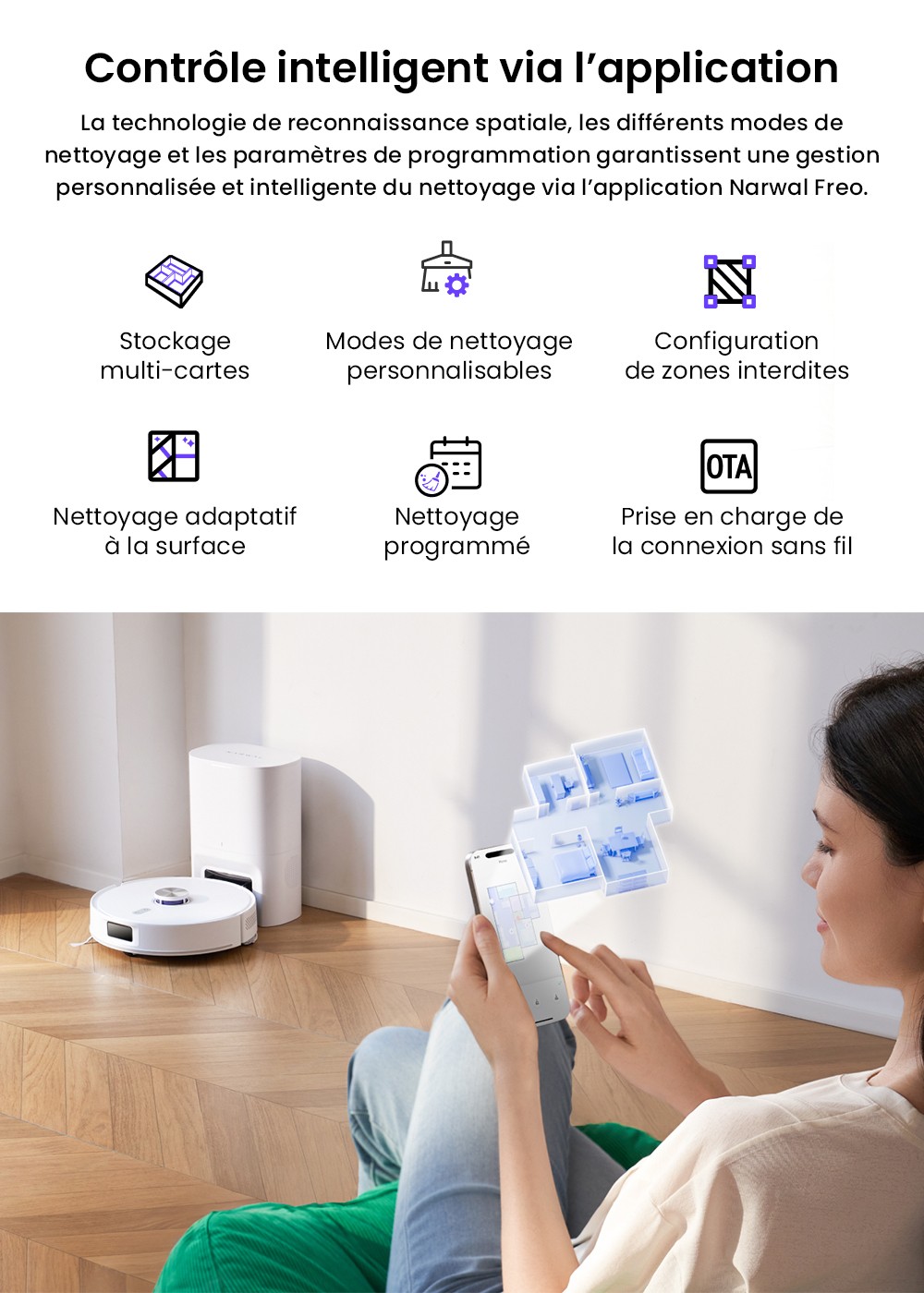 Aspirateur robot Narwal Freo S, d&eacute;poussi&eacute;rage automatique, aspiration 8&nbsp;000 Pa, navigation intelligente et commande vocale