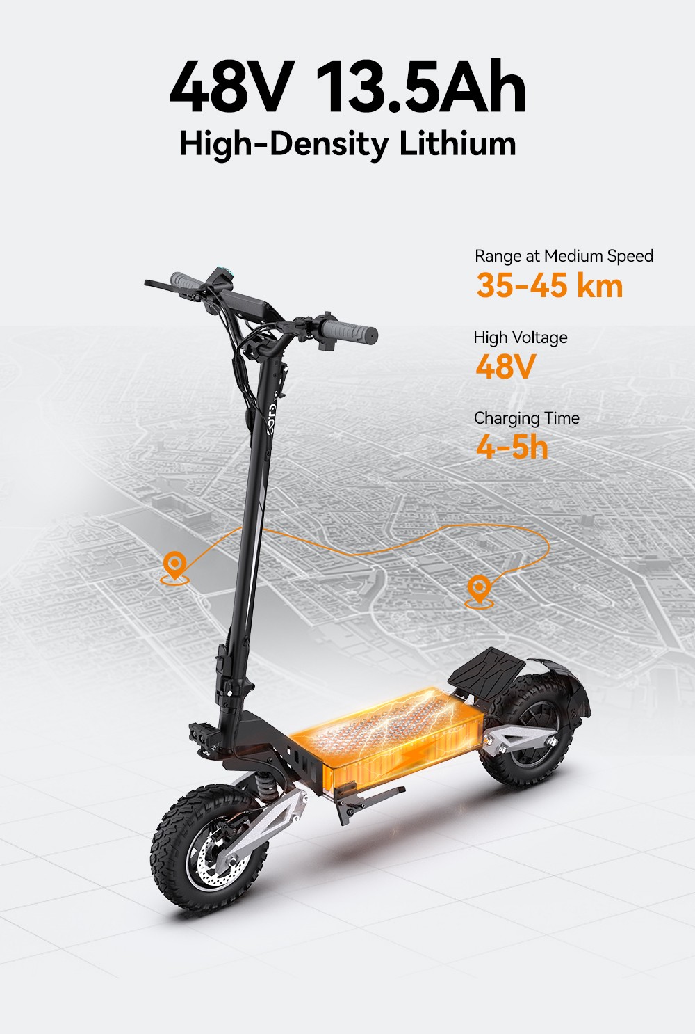 OOTD T10 Trottinette électrique, moteur 500 W, batterie 48 V 13,5 Ah, pneus 11 pouces, vitesse maximale 50 km/h, autonomie 45 km, freins à disque avant et arrière, amortisseurs à ressort avant et arrière