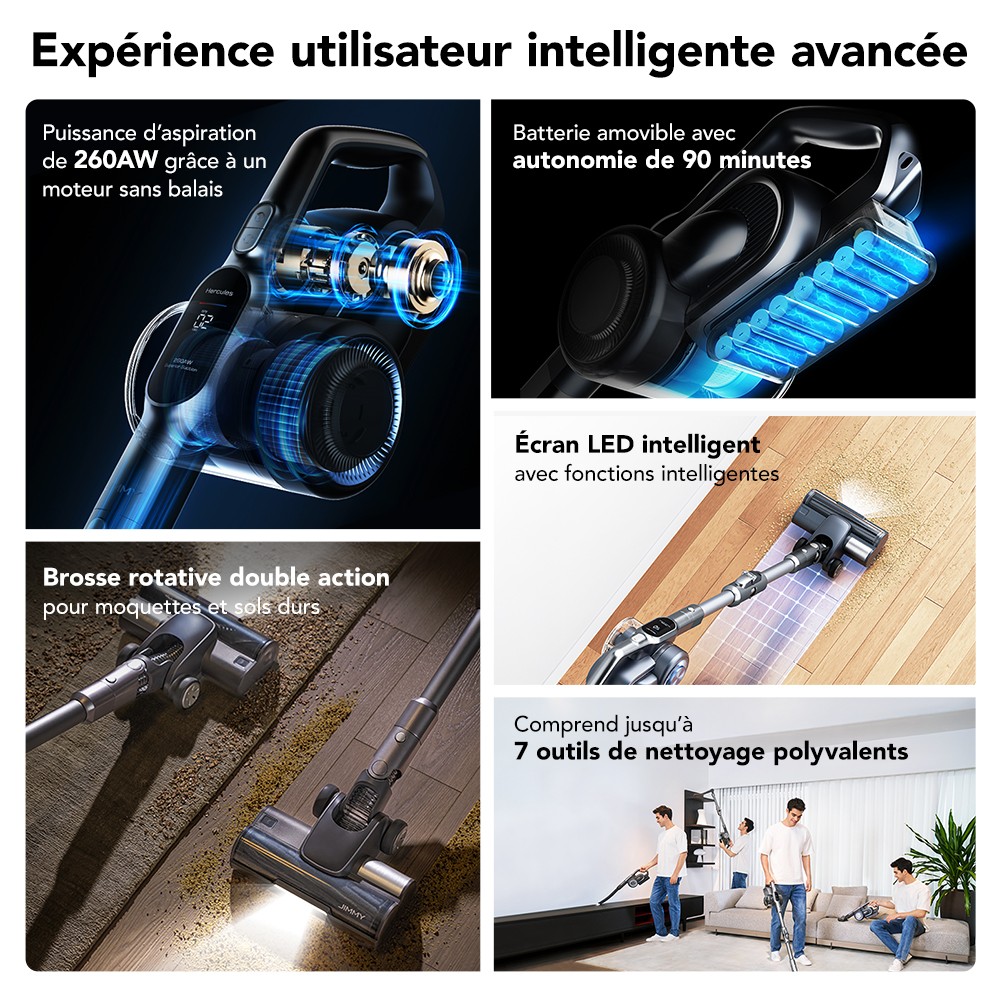 Jimmy H11 Pro Aspirateur sans fil, aspiration 700 W/260 AW, autonomie 90 min, tube flexible, 7 outils de nettoyage, affichage LED, pour tapis/sols durs - Gris fonc&eacute;