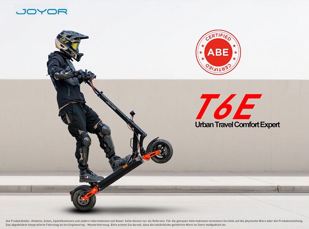 Joyor T6E Elektroroller mit ABE-Zertifizierung, 500-W-Motor, 48-V-18-Ah-Akku, 10-Zoll-Reifen, 20 km/h H&ouml;chstgeschwindigkeit, 70 km Reichweite, mechanische Scheibenbremsen vorne und hinten, hydraulische Federsto&szlig;d&auml;mpfer vorne und hinten