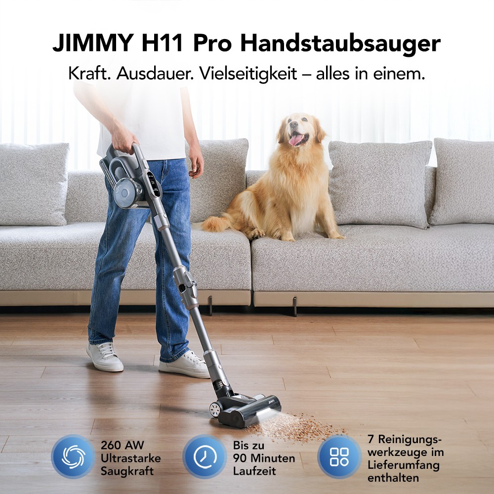 JIMMY H11 Pro Kabelloser Staubsauger, 700 W/260 AW Saugleistung, 90 Min. Laufzeit, flexibler Metallschlauch, 7 Reinigungswerkzeuge, LED-Anzeige, f&uuml;r Teppiche/Hartb&ouml;den &ndash; Dunkelgrau