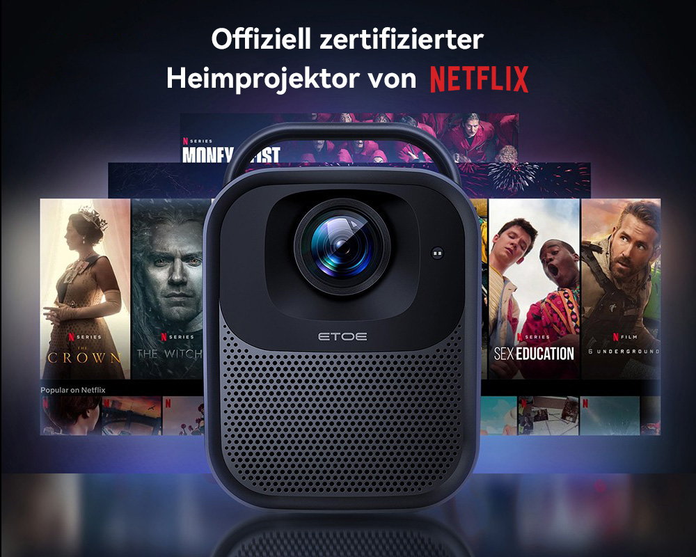 [Netflix- und Google TV-zertifiziert] ETOE Seal Pro Beamer, 1000 ANSI, Google TV, Dolby Audio-zertifiziert, natives 1080P, automatische Trapezkorrektur, 2x10 W Lautsprecher, integrierter Chromecast, Google Assistant, HDMI 2.1, Bluetooth-Fernbedienung