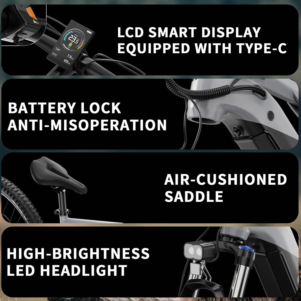 Elektrobicykel DUOTTS E29, 250W motor, 48V 13,5Ah batéria, 27.5 palcové pneumatiky, max. rýchlosť 25 km/h, dojazd 90 km, hydraulické kotúčové brzdy Shimano, vzduchové odpruženie DNM, 14-rýchlostný prevod Shimano, snímač krútiaceho momentu - striebornobiely