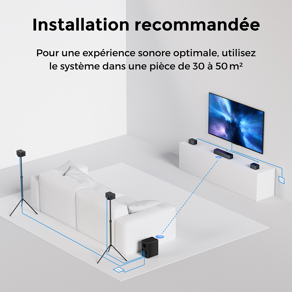 Ultimea Poseidon D80 Boom 7.1 Barre de son avec caisson de basses, Dolby Atmos, puissance de cr&ecirc;te de 500 W, contr&ocirc;le via application, &eacute;galiseur 10 bandes, 121 matrices d'&eacute;galisation pr&eacute;d&eacute;finies, Bluetooth 5.3