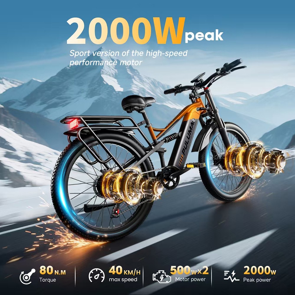 PULUMA PE86 Pro Vélo électrique, moteur 500 W x 2, batterie 48 V 20 Ah, pneus 26 pouces, vitesse maximale 40 km/h, autonomie 150 km, freins hydrauliques, suspension à ressorts à huile, Shimano 7 vitesses, écran LCD, capteur de couple