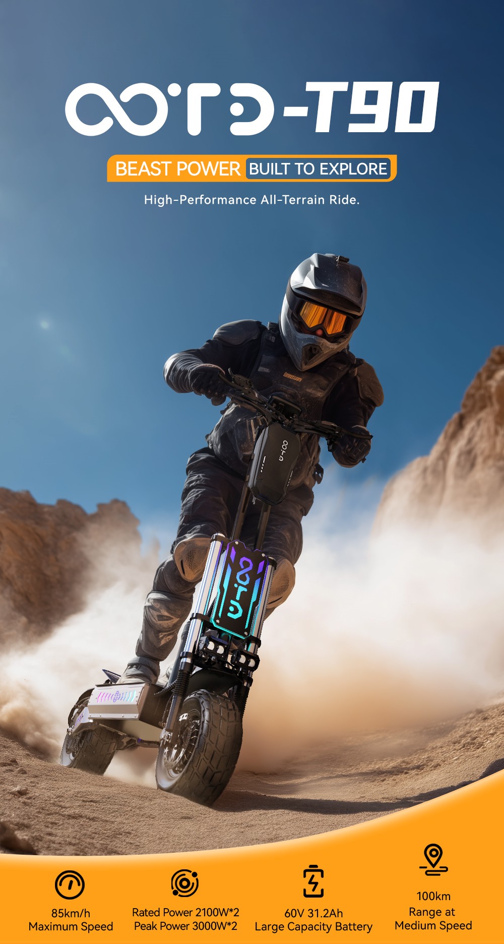 OOTD T90 Electric Scooter, 2100W*2 Motor, 60V 31.2Ah Battery, 13 inch Tires, 85km/h Max Speed, 100km Range, Hydraulic Disc Brakes, Front Dual Hydraulic Suspension & Rear Dual Spring Suspension