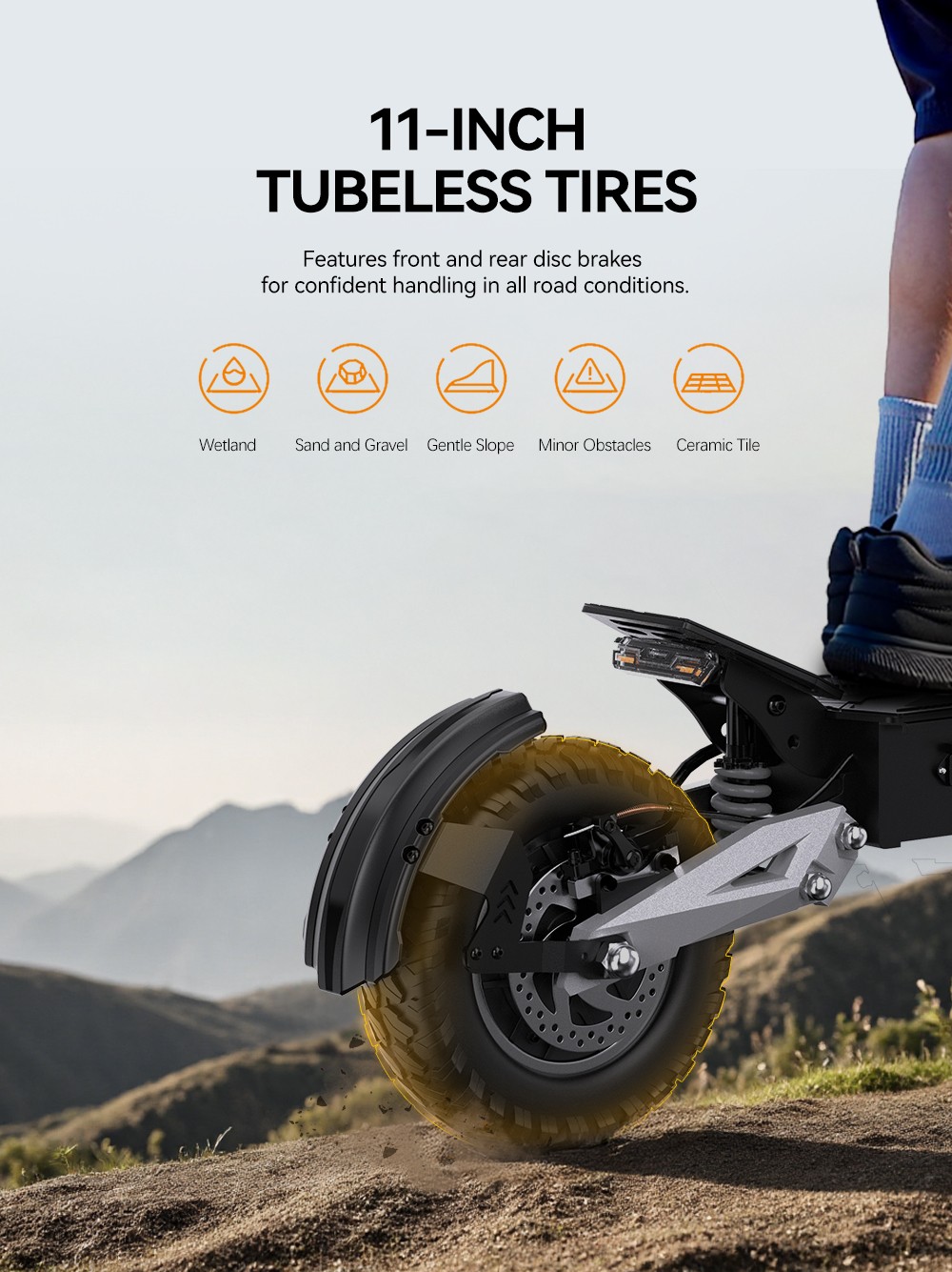 OOTD T10 Trottinette électrique, moteur 500 W, batterie 48 V 13,5 Ah, pneus 11 pouces, vitesse maximale 50 km/h, autonomie 45 km, freins à disque avant et arrière, amortisseurs à ressort avant et arrière