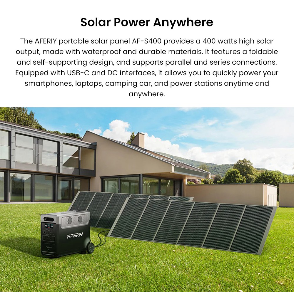 AFERIY ‎AF-S400A1 400W prenosný skladací solárny panel, 23% miera premeny energie, vodotesný IP65, nastaviteľný stojan