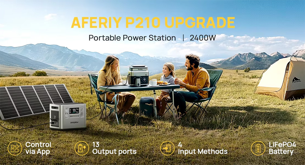 AFERIY P210 Portable Power Station, 2400W 2048Wh Outdoor Generator, App Control,13 Outputs, 1.5H Full Charge, 4000+ Cycles LiFePO₄ Battery - UK Plug, Silver