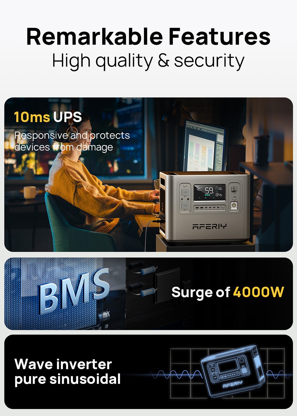 AFERIY P210 Portable Power Station, 2400W 2048Wh Outdoor Generator, App Control,13 Outputs, 1.5H Full Charge, 4000+ Cycles LiFePO₄ Battery - UK Plug, Silver