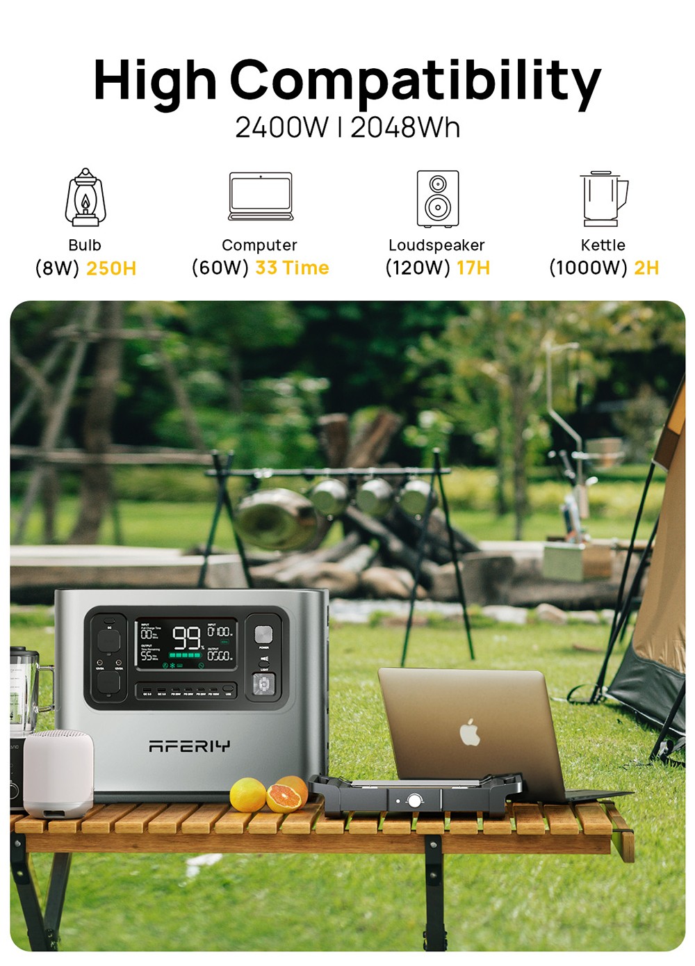 AFERIY P210 Portable Power Station, 2400W 2048Wh Outdoor Generator, App Control,13 Outputs, 1.5H Full Charge, 4000+ Cycles LiFePO₄ Battery - UK Plug, Silver