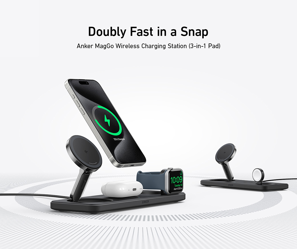 Anker 3-in-1 Wireless Charging Station, Qi2 Certified, 15W Ultra-Fast Charging, MagSafe-Compatible Wireless Charger for iPhone 16/15/14/13/12 Series, AirPods, Apple Watch