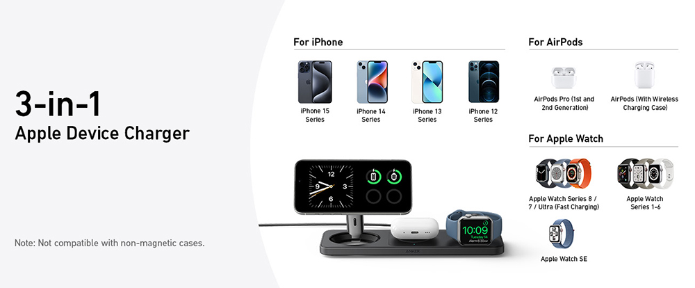 Anker 3-in-1 Wireless Charging Station, Qi2 Certified, 15W Ultra-Fast Charging, MagSafe-Compatible Wireless Charger for iPhone 16/15/14/13/12 Series, AirPods, Apple Watch