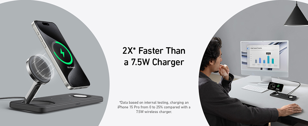 Anker 3-in-1 Wireless Charging Station, Qi2 Certified, 15W Ultra-Fast Charging, MagSafe-Compatible Wireless Charger for iPhone 16/15/14/13/12 Series, AirPods, Apple Watch