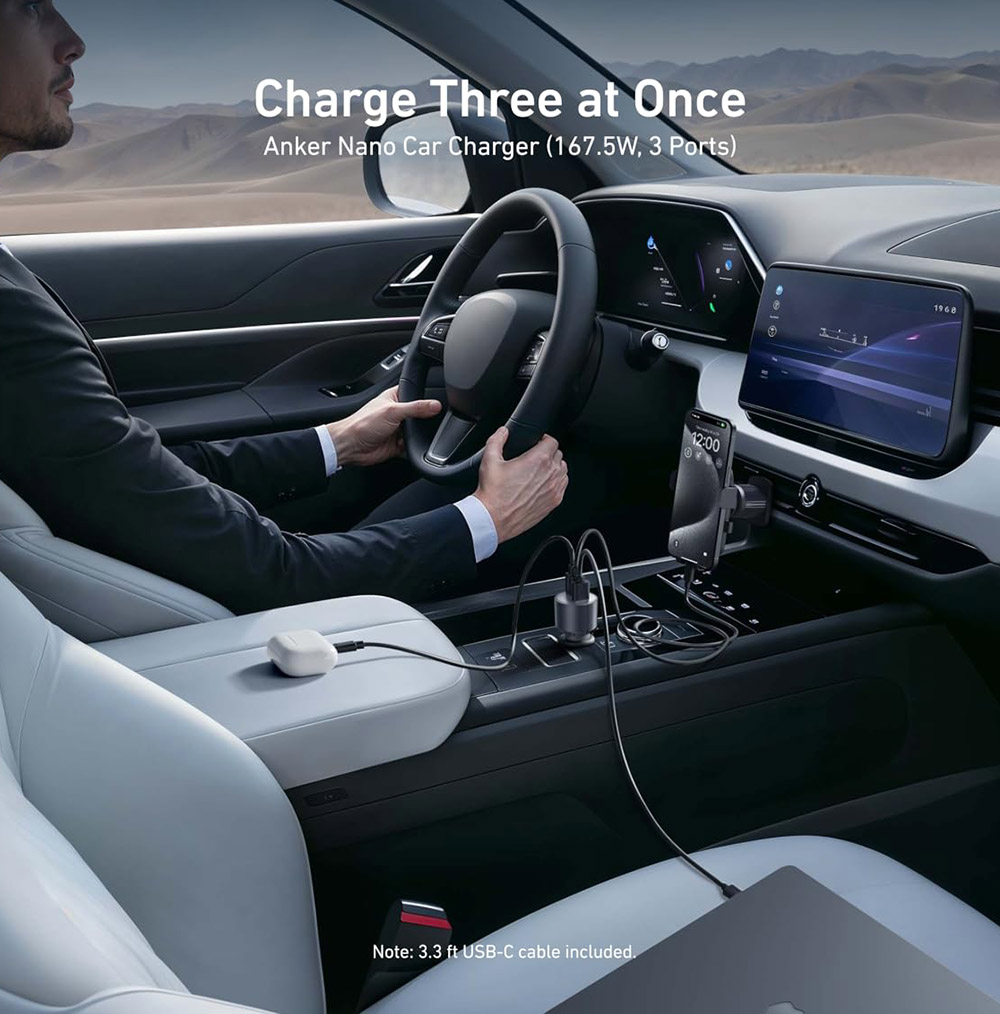 Anker Nano Car Charger, 167.5W Total Power Output, 1*100W USB-C, 1*45W USB-C, 1*22.5W USB-A
