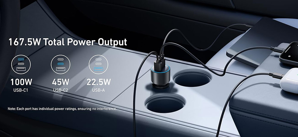 Anker Nano Car Charger, 167.5W Total Power Output, 1*100W USB-C, 1*45W USB-C, 1*22.5W USB-A