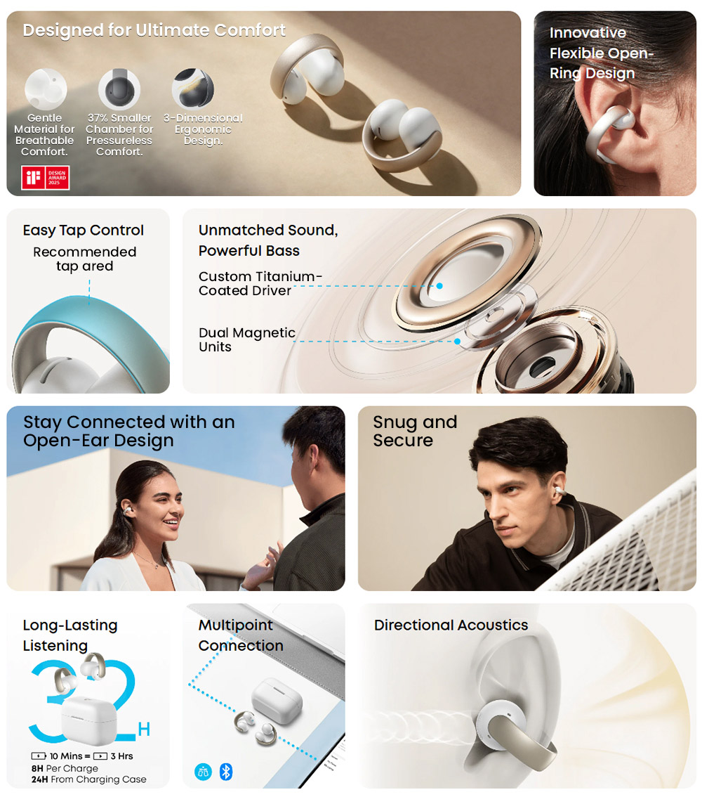 Anker Soundcore AeroClip Open-Ear Clip-On Earbuds, Snug and Secure, IPX4 Water-Resistant, Dynamic Voice Capture, Long-Lasting
Listening - White