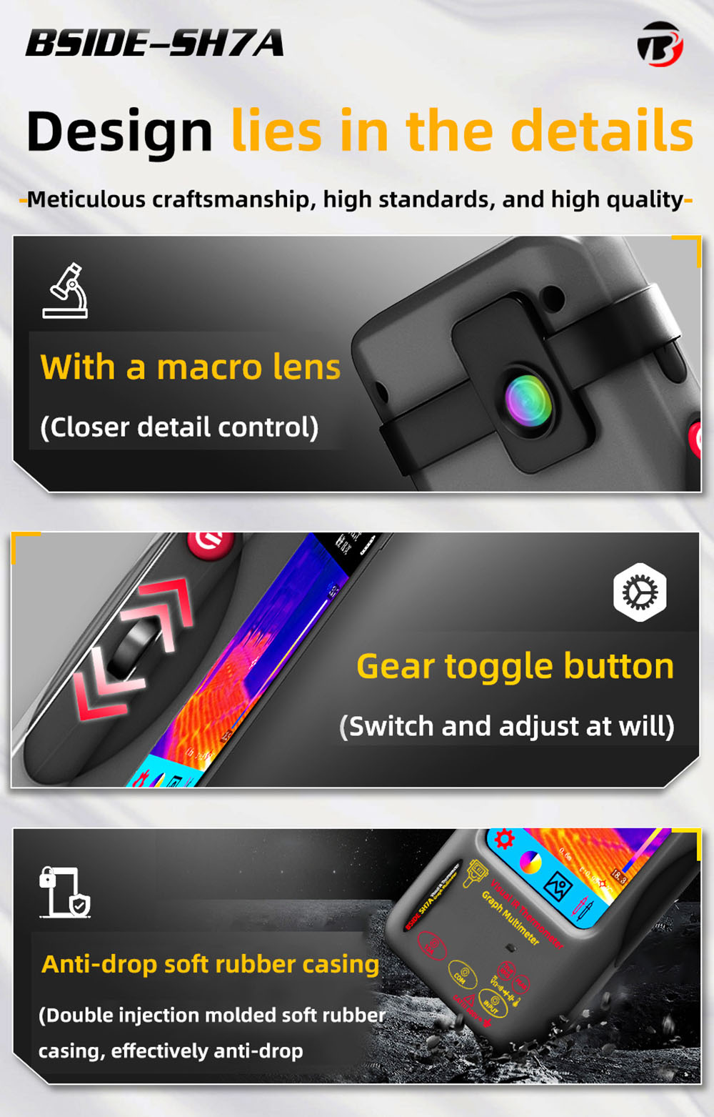 BSIDE SH7A Infrared Thermal Imager Multimeter, 240x240Pixel, 15 Color Modes, 3.98 inch Touchscreen, USB Rechargeable Battery