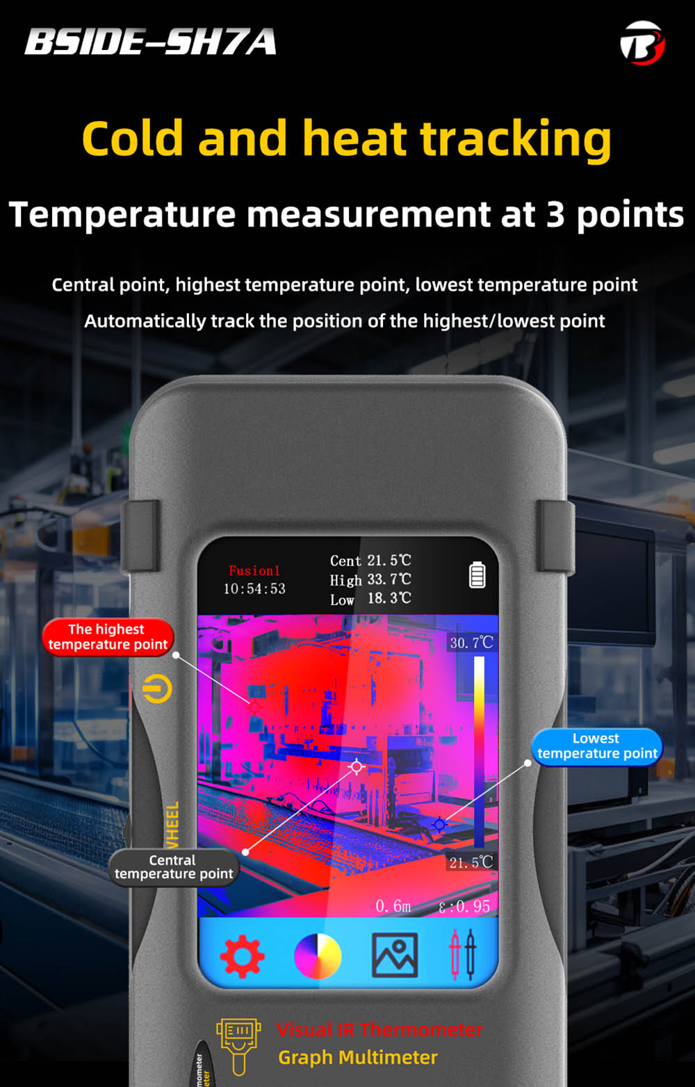 BSIDE SH7A Infrared Thermal Imager Multimeter, 240x240Pixel, 15 Color Modes, 3.98 inch Touchscreen, USB Rechargeable Battery