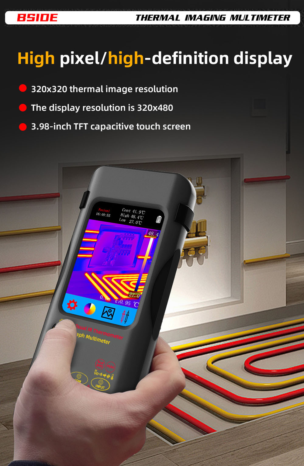 BSIDE SH7A Infrared Thermal Imager Multimeter, 240x240Pixel, 15 Color Modes, 3.98 inch Touchscreen, USB Rechargeable Battery
