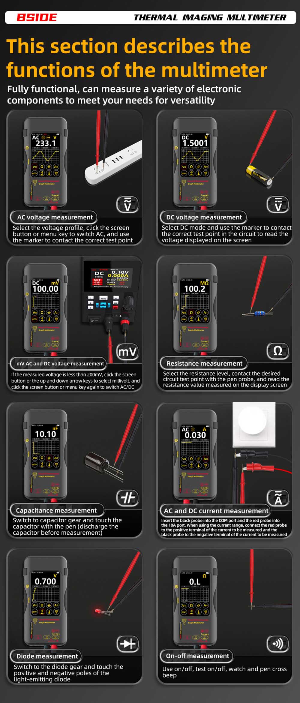 BSIDE SH7A Infrared Thermal Imager Multimeter, 240x240Pixel, 15 Color Modes, 3.98 inch Touchscreen, USB Rechargeable Battery
