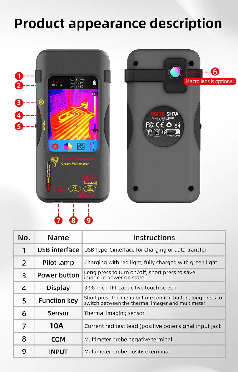 BSIDE SH7A Infrared Thermal Imager Multimeter, 240x240Pixel, 15 Color Modes, 3.98 inch Touchscreen, USB Rechargeable Battery