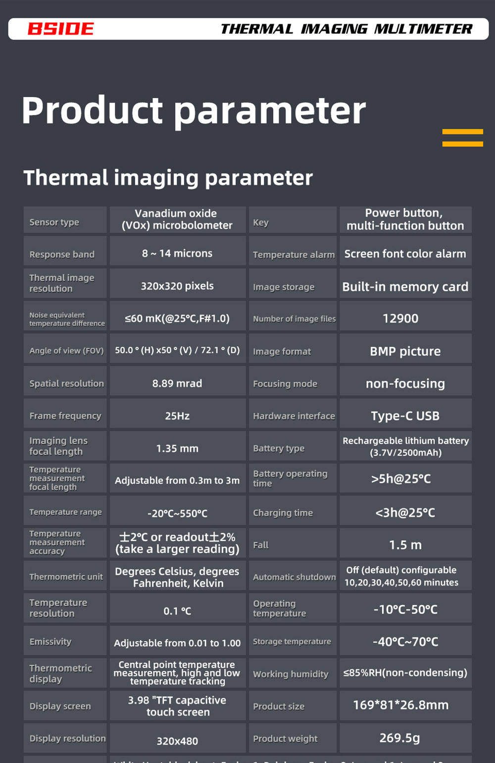 BSIDE SH7A Infrared Thermal Imager Multimeter with Macro Lens, 240x240Pixel, 15 Color Modes, 3.98 inch Touchscreen, USB Rechargeable Battery