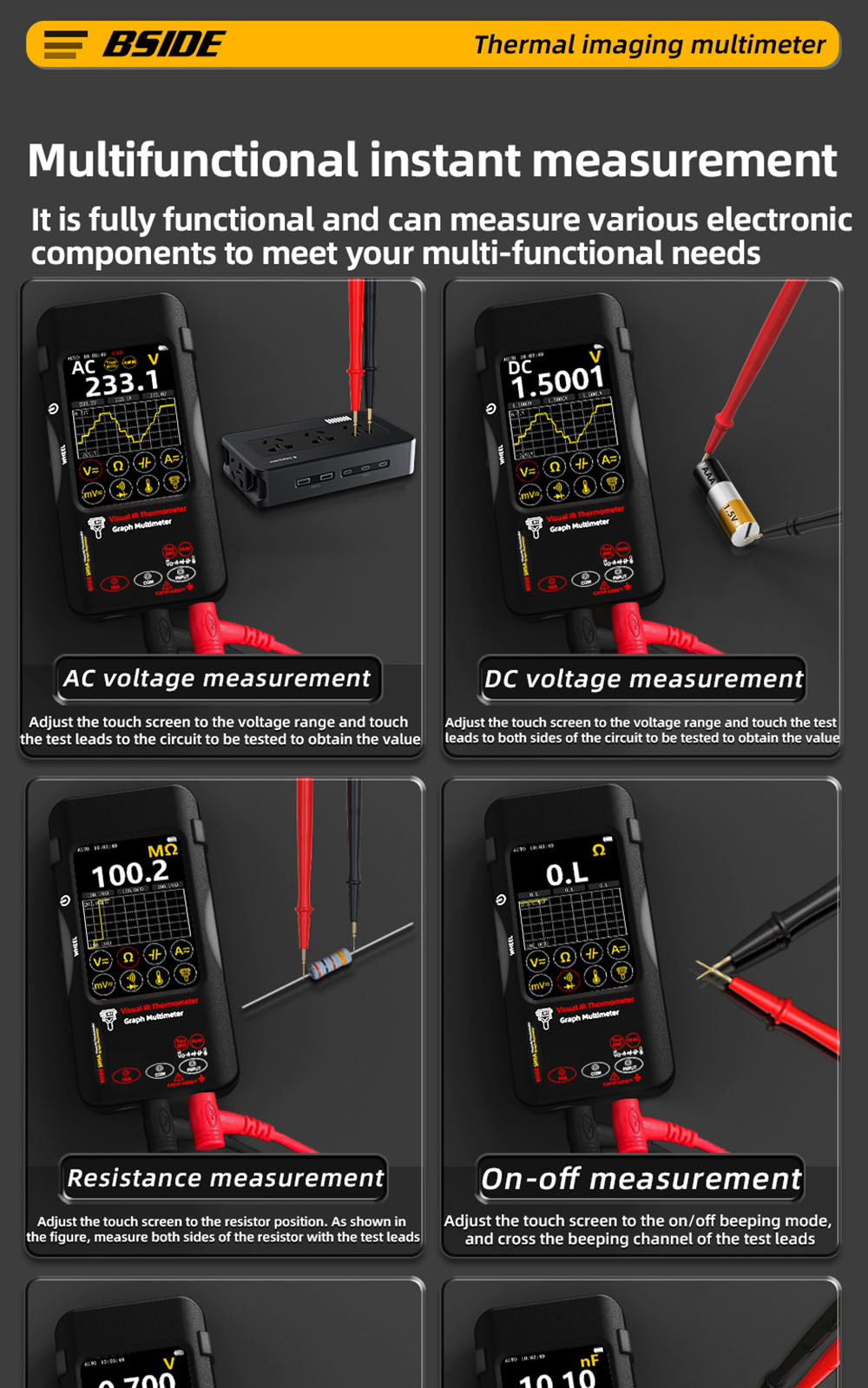 BSIDE SH9A Thermal Imager Multimeter with Macro Lens, 3.98 inch Touchscreen, 15 Pseudo-color Modes, 320*428 Resolution