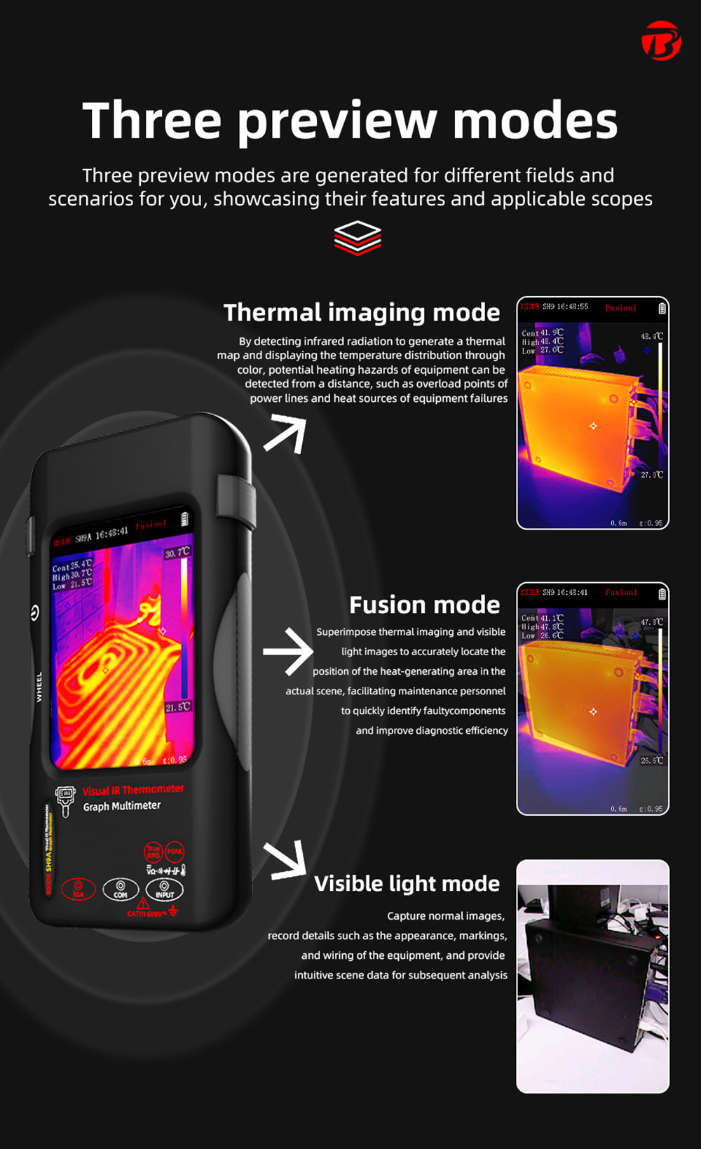 BSIDE SH9A Thermal Imager Multimeter with Macro Lens, 3.98 inch Touchscreen, 15 Pseudo-color Modes, 320*428 Resolution