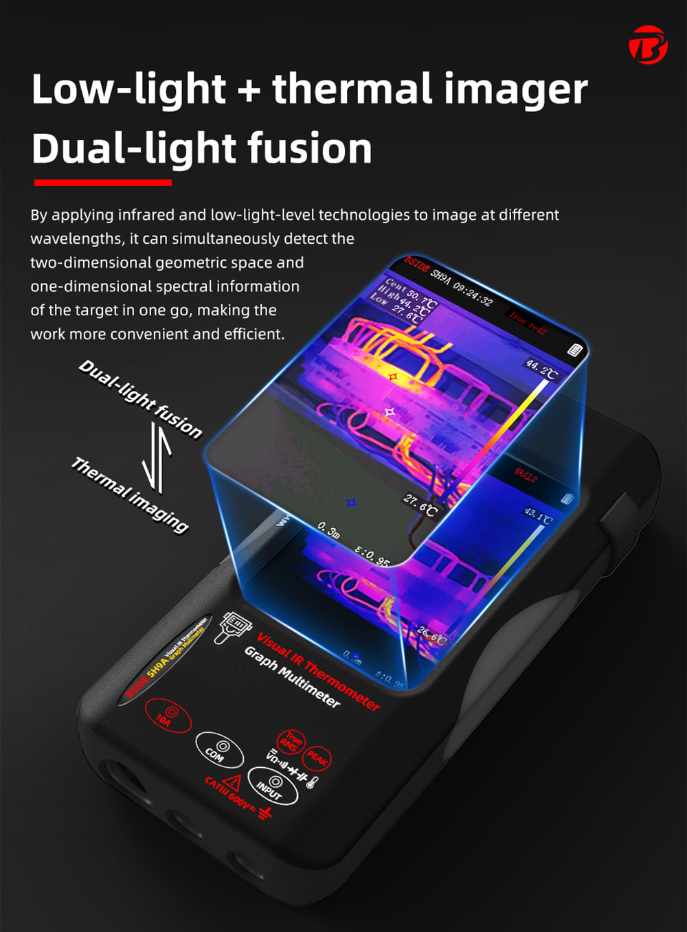 BSIDE SH9A Thermal Imager Multimeter with Macro Lens, 3.98 inch Touchscreen, 15 Pseudo-color Modes, 320*428 Resolution