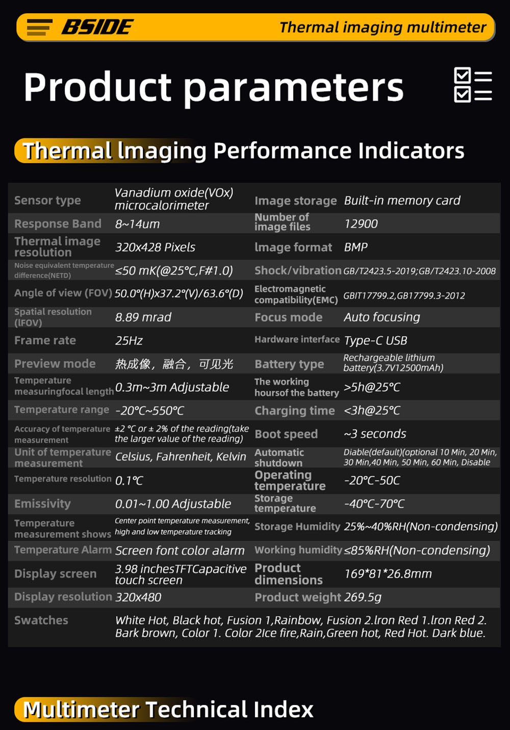 BSIDE SH9A Thermal Imager Multimeter with Macro Lens, 3.98 inch Touchscreen, 15 Pseudo-color Modes, 320*428 Resolution