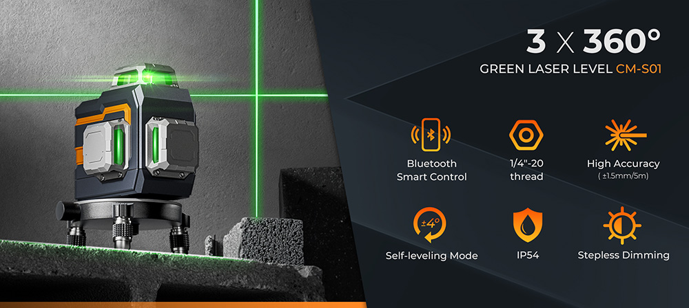 Refurbished CIGMAN CM-S01 12 Lines Laser Level, With APP Control, 3x360°, Self-leveling & Manual Mode, Stepless Dimming, 30h Max. Usage Time, IP54 Waterproof