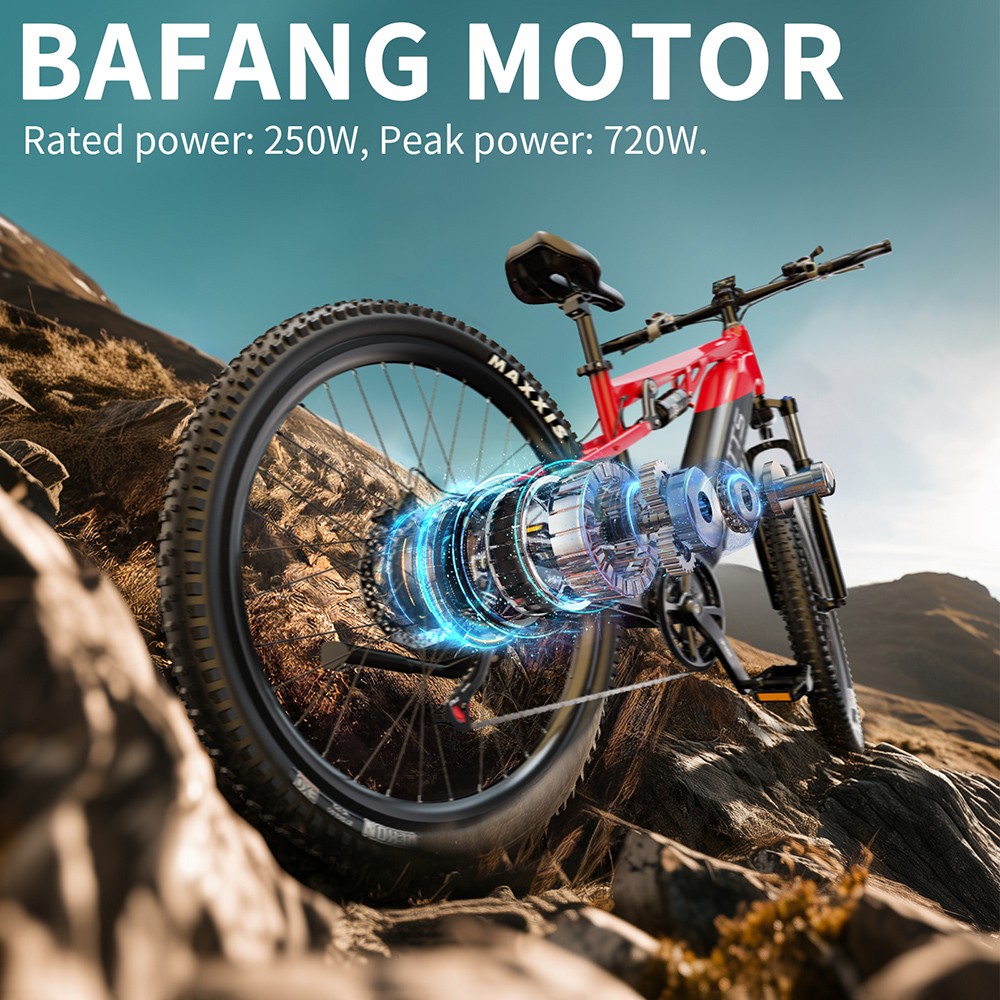 Elektrobicykel DUOTTS E29, 250W motor, 48V 13,5Ah batéria, 27.5 palcové pneumatiky, max. rýchlosť 25 km/h, dojazd 90 km, hydraulické kotúčové brzdy Shimano, vzduchové odpruženie DNM, 14 rýchlostí Shimano, snímač krútiaceho momentu - čierno-červený