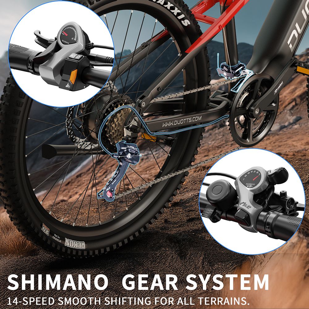 DUOTTS E29 Electric Bike, 250W motor, 48V 13,5Ah batéria, 27.5 palcové pneumatiky, max. rýchlosť 25 km/h, dojazd 90 km, hydraulické kotúčové brzdy Shimano, vzduchové odpruženie DNM, 14-rýchlostný prevod Shimano, snímač krútiaceho momentu - čierno-červený