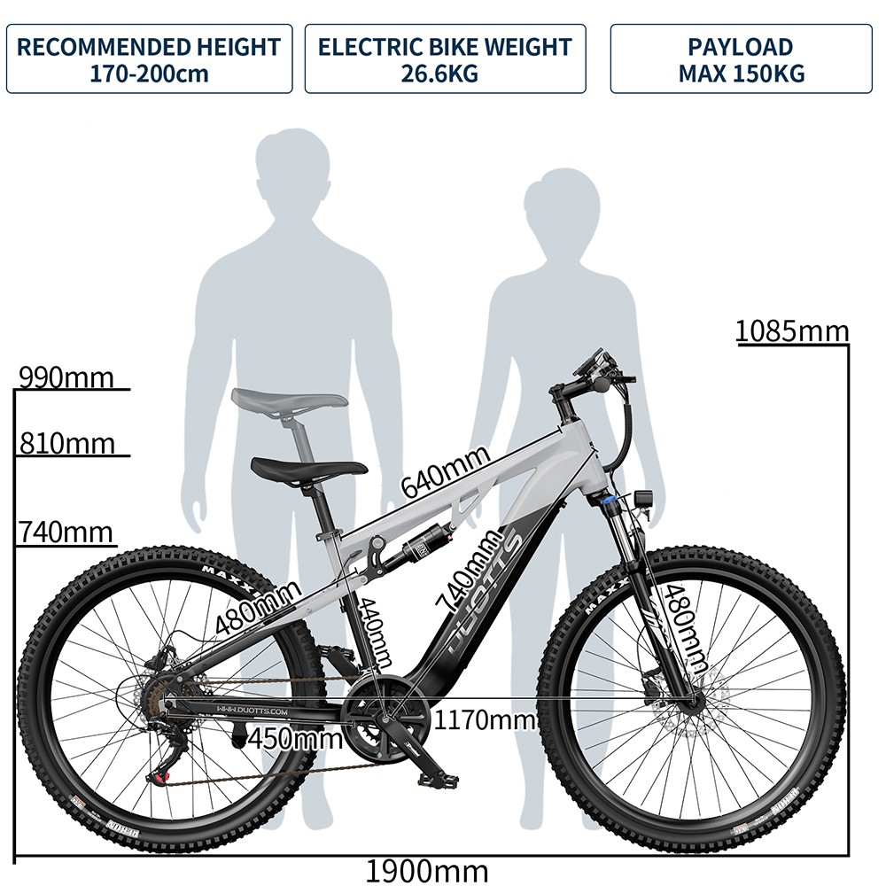 DUOTTS E29 V&eacute;lo &eacute;lectrique, moteur 250 W, batterie 48 V 13,5 Ah, pneus 27,5 pouces, vitesse maximale 25 km/h, autonomie 90 km, freins &agrave; disque hydrauliques Shimano, suspension pneumatique DNM, Shimano 14 vitesses, capteur de couple - Argent&eacute; et blanc