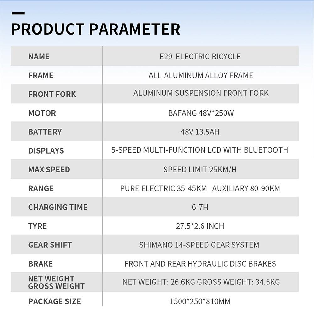 DUOTTS E29 V&eacute;lo &eacute;lectrique, moteur 250 W, batterie 48 V 13,5 Ah, pneus 27,5 pouces, vitesse maximale 25 km/h, autonomie 90 km, freins &agrave; disque hydrauliques Shimano, suspension pneumatique DNM, Shimano 14 vitesses, capteur de couple - Argent&eacute; et blanc