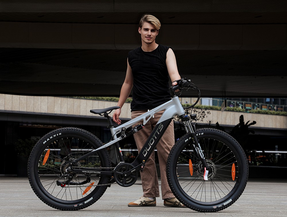 DUOTTS E29 V&eacute;lo &eacute;lectrique, moteur 250 W, batterie 48 V 13,5 Ah, pneus 27,5 pouces, vitesse maximale 25 km/h, autonomie 90 km, freins &agrave; disque hydrauliques Shimano, suspension pneumatique DNM, Shimano 14 vitesses, capteur de couple - Argent&eacute; et blanc