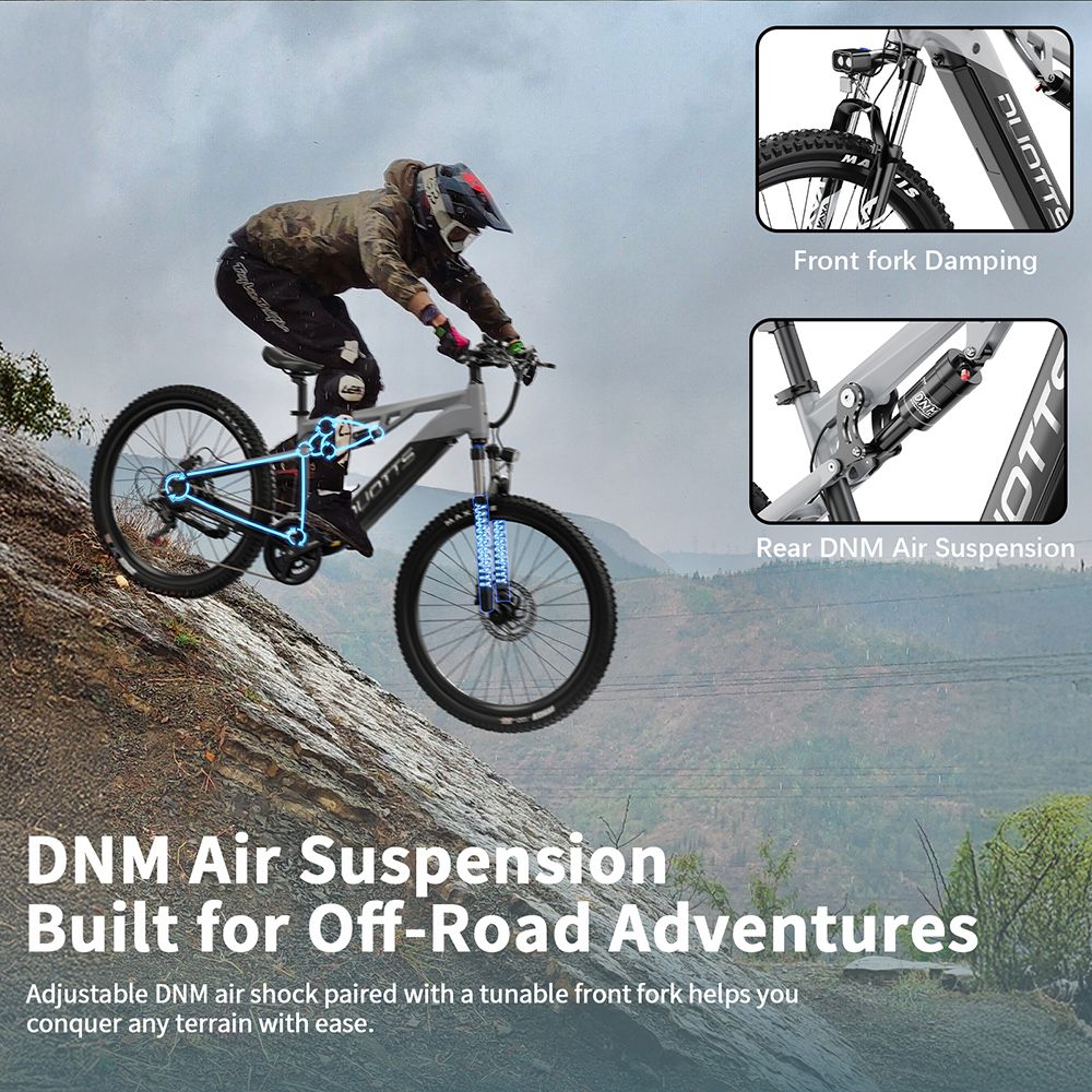 Elektrobicykel DUOTTS E29, 250W motor, 48V 13,5Ah batéria, 27.5 palcové pneumatiky, max. rýchlosť 25 km/h, dojazd 90 km, hydraulické kotúčové brzdy Shimano, vzduchové odpruženie DNM, 14-rýchlostný prevod Shimano, snímač krútiaceho momentu - striebornobiely