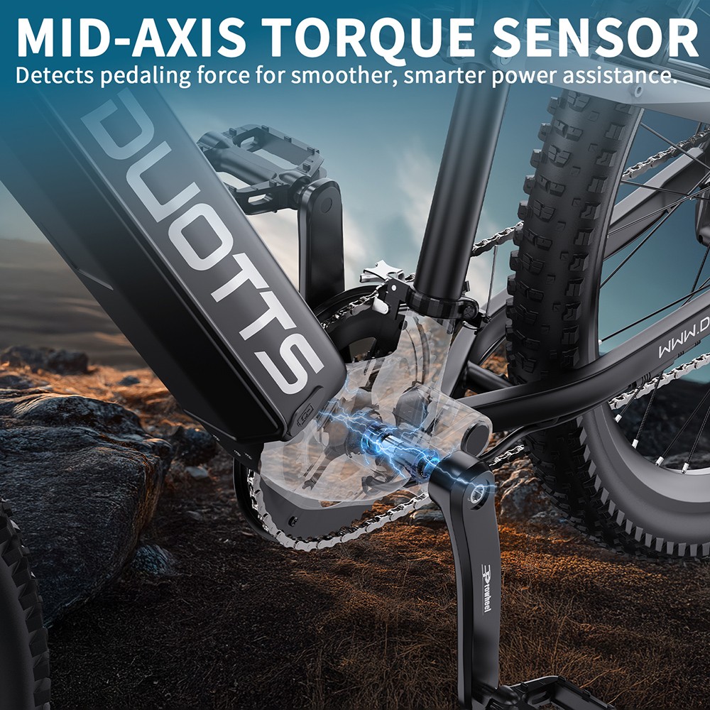 Elektrobicykel DUOTTS E29, 250W motor, 48V 13,5Ah batéria, 27.5 palcové pneumatiky, max. rýchlosť 25 km/h, dojazd 90 km, hydraulické kotúčové brzdy Shimano, vzduchové odpruženie DNM, 14-rýchlostný prevod Shimano, snímač krútiaceho momentu - striebornobiely