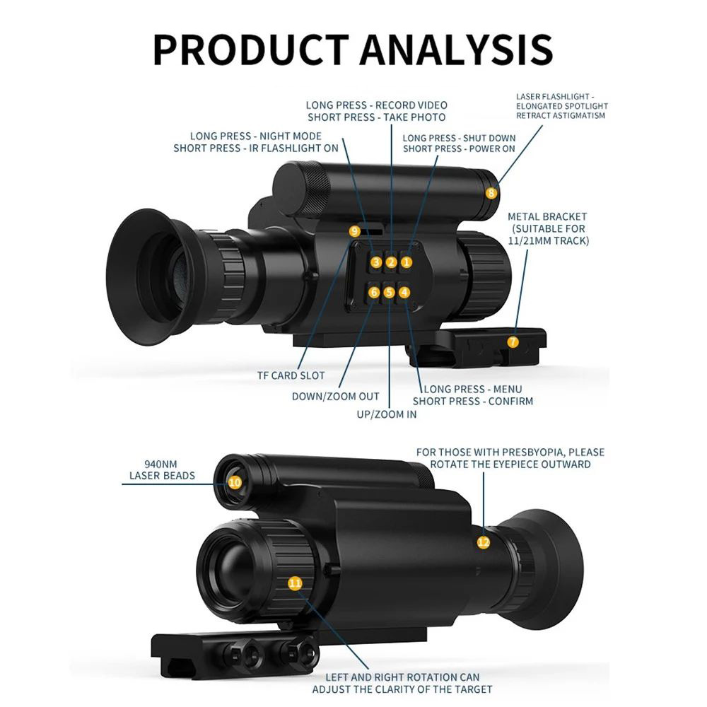 Digital Night Vision Monocular, 940nm Infrared Laser, 1080P Video Recording, 4X Digital Zooming, Up to 8 Hours Battery Life - 35mm Caliber