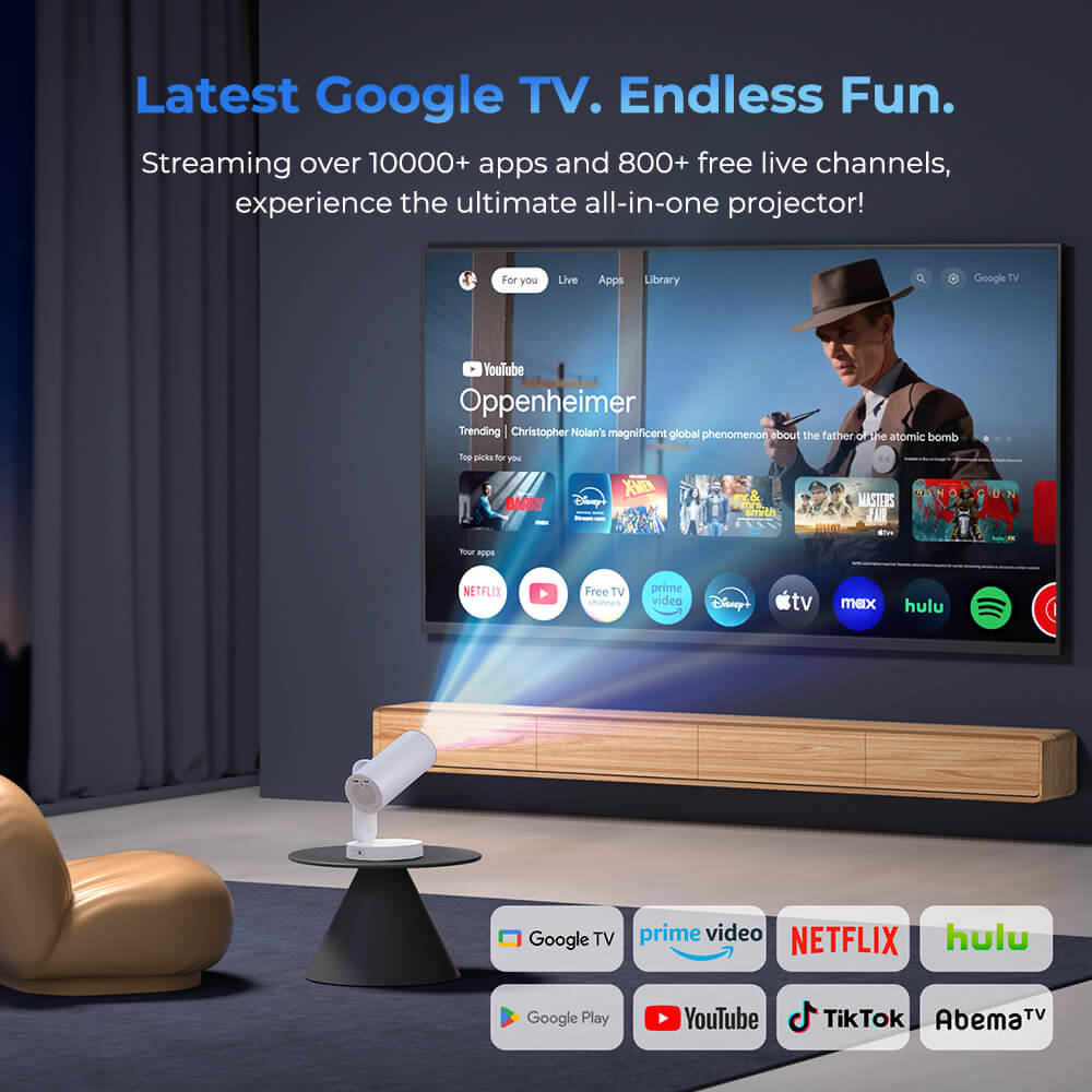 ETOE Starfish Plus Projektor, vstavaný Google TV, 140° rotácia, natívne 1080p, 300 ANSI, dekódovanie 4K, dotykové nočné svetlo, automatická korekcia lichobežníkového skreslenia & automatické zaostrovanie