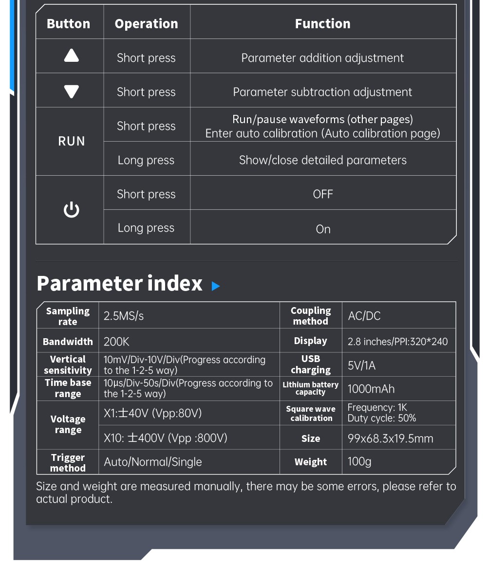 FNIRSI DSO152 Mini Handheld Digital Oscilloscope, 2.5MSa/s Sampling Rate, 200KHz Bandwidth - Blue