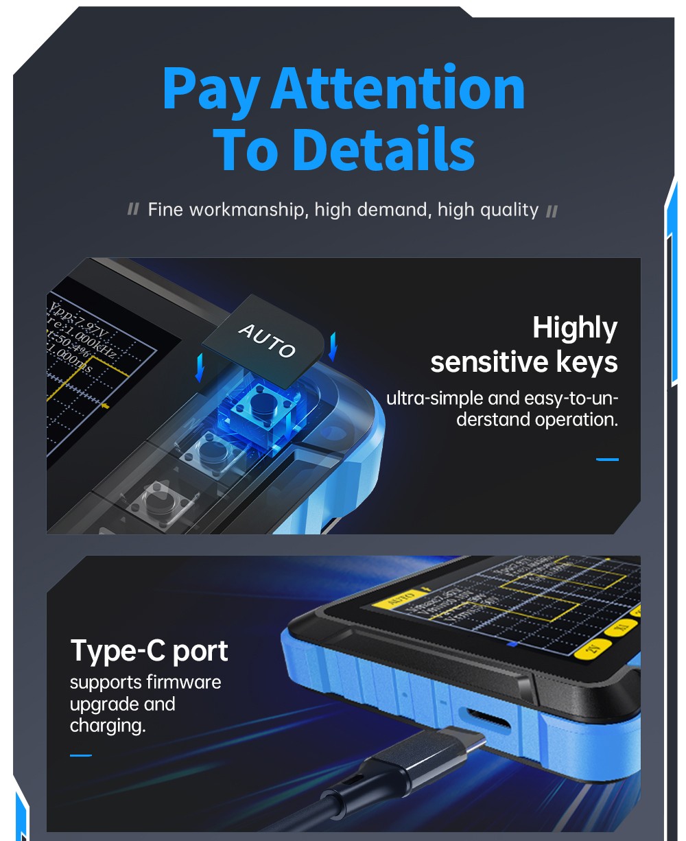 FNIRSI DSO152 Mini Handheld Digital Oscilloscope, 2.5MSa/s Sampling Rate, 200KHz Bandwidth - Blue